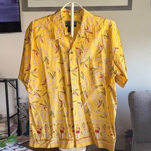 Pataloha Yellow Hawaiian Button-Down Shirt with Floral & Hula Motif